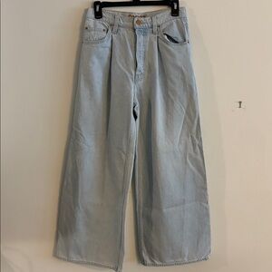 MOTHER Denim SNACKS! Pleated Double Dip Puddle Jeans in Blue Slushie Size 25